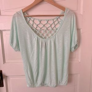 FANG Aqua Seafoam Peasant T-shirt Top Light Loose Wide Neck Knit  Back Detail
